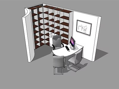 Modern Office Desk Setup With Computer Chairs Bookshelf And Wall Print 3d model