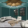 Hotel Public Lounge Area With Teal Walls White Sofas Round Coffee Tables Unique Ceiling Design