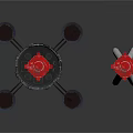 Industrial Mechanical Components With Tripod Stands Red Tops And Circular Parts