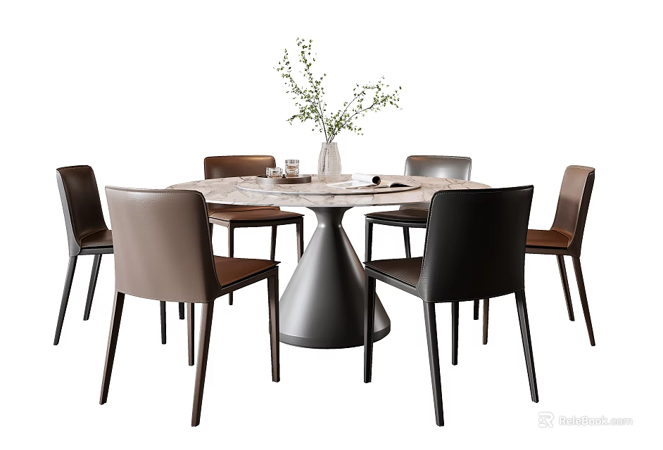 Round Marble Top Dining Table Set With Conical Base Brown Black Chairs And Flower Vase 3d model 