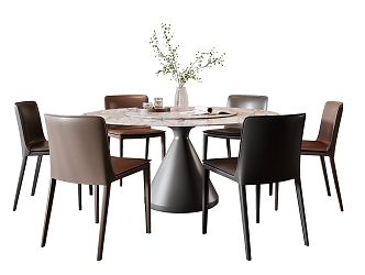 Modern Italian Dining Table and Chair Combination Round Table Leather Dining Chair Dining Table Vase Ornaments Rock Plate Round Table 3d model