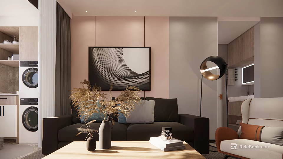 Modern Living Room Interior With Dark Sofa Throw Pillows Coffee Table And Abstract Painting 3d model 
