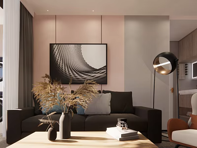Modern Living Room Interior With Dark Sofa Throw Pillows Coffee Table And Abstract Painting 3d model