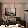 Modern Living Room Interior With Dark Sofa Throw Pillows Coffee Table And Abstract Painting