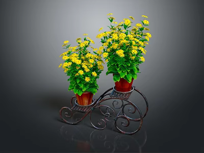 Yellow Flowering Plants in Red Pots on Black Wrought Iron Ornate Stand Against Dark Background 3d model