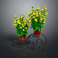 Yellow Flowering Plants in Red Pots on Black Wrought Iron Ornate Stand Against Dark Background