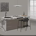 Elegant Modern Kitchen Island With Marble Countertop Black Stools And Pendant Light