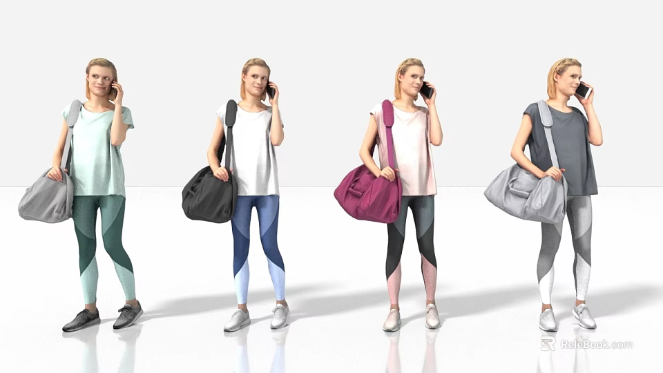 Women in Various Colored Tops and Leggings Carrying Bags While Talking on Phones 3d model 