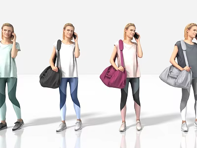 Women in Various Colored Tops and Leggings Carrying Bags While Talking on Phones 3d model