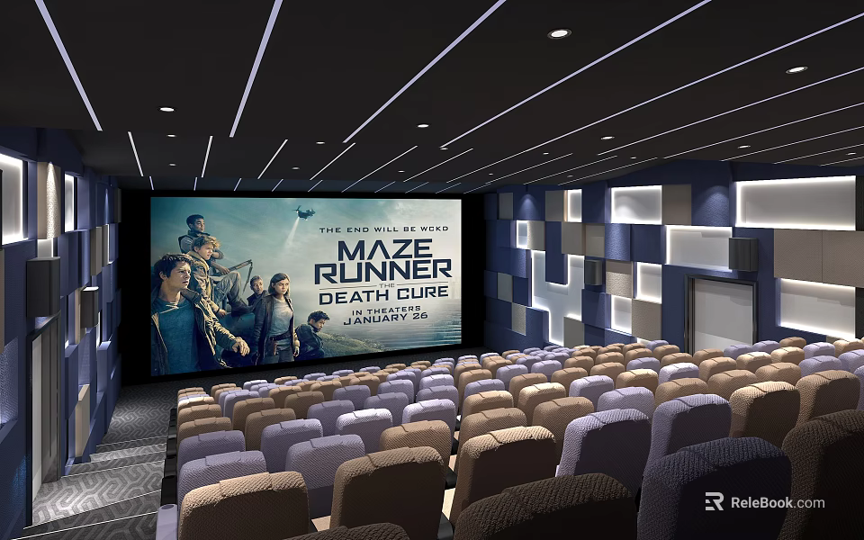 Modern Cinema Interior With Large Screen Showing Movie Comfortable Seats And Decorative Lights 3d model 