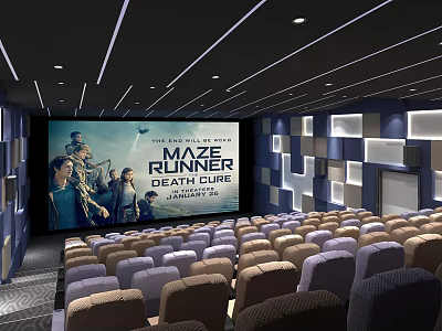 Modern Cinema Interior With Large Screen Showing Movie Comfortable Seats And Decorative Lights 3d model