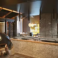 Natural Style Restaurant Interior With Rock Wall Wooden Accents And Round Mirror Lighting