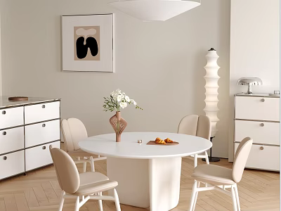Modern Restaurant Interior With White Round Table Beige Chairs Flowers In Vase And Wall Painting 3d model
