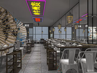 Industrial LOFT Hotpot Restaurant Restaurant Restaurant Restaurant Dining Table and Chair Front Desk Lantern Barbecue Cold Cabinet 3d model