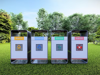 Four Public Trash Bins For Waste Sorting In Outdoor Green Area With Trees 3d model