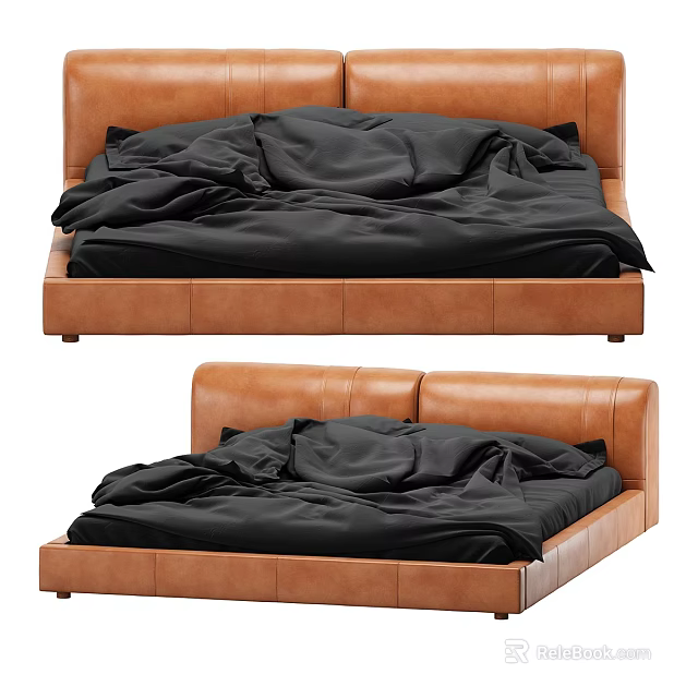 Modern Upholstered Brown Leather Double Bed Interior With Black Messy Bedding 3d model