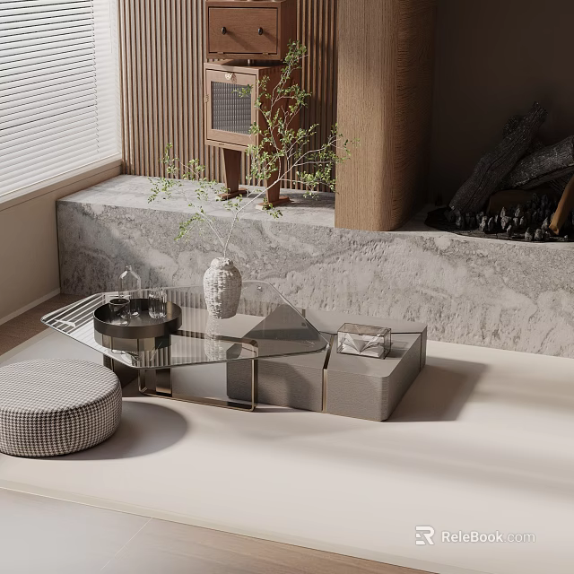 Modern Sofa And Coffee Table Set With Glass Top Metal Frame And Marble Wall Accent 3d model 