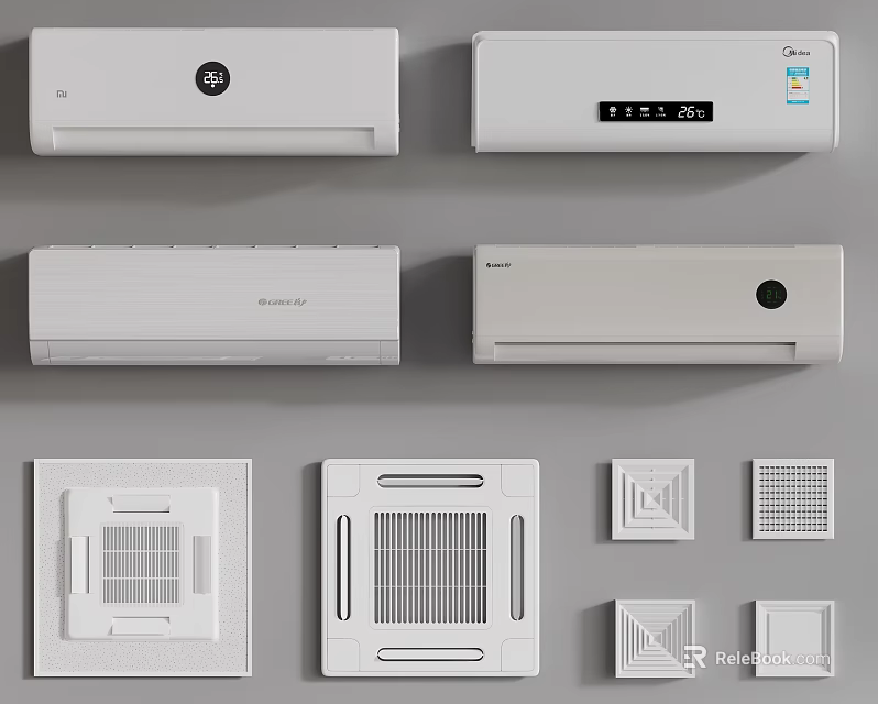 White Air Conditioners and Fans Various Wall Mounted Ceiling Models for Home Use 3d model 