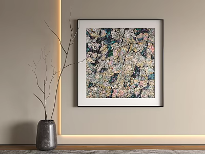 Framed Colorful Abstract Painting With Gray Vase Twigs And Light Strip On Wall 3d model