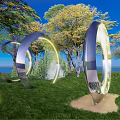 Stainless Steel Circular Ring Landscape Sculpture With Trees Green Grass And Mist