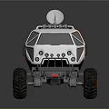 White And Orange Off Road Vehicle With Satellite Dish Spotlights And Large Wheels