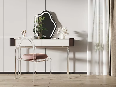 Elegant Modern Dressing Table With Decorative Mirror Pink Cushion Chair And Green Plant 3d model