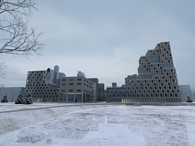 Modern Geometric Office Building In Snowy Winter Landscape With Bare Trees 3d model