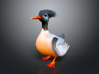 Colorful Duck With Black Crest Orange Beak Feet And Gray White Wings On Dark Background 3d model