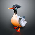 Colorful Duck With Black Crest Orange Beak Feet And Gray White Wings On Dark Background