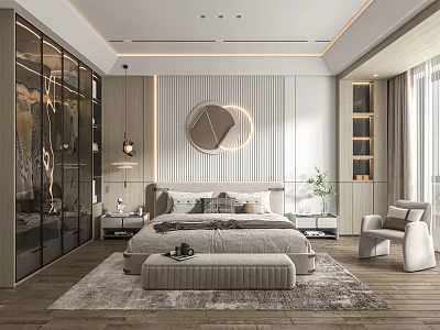 Modern Elegant Bedroom Interior With King Bed Round Mirror Striped Headboard Ottoman And Area Rug 3d model