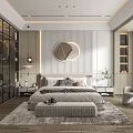 Modern Elegant Bedroom Interior With King Bed Round Mirror Striped Headboard Ottoman And Area Rug