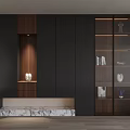 Modern Dark Wooden Shoe Cabinet With Marble Base And Glass Door Display Shelves