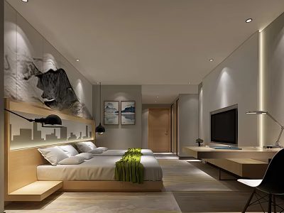 Modern Hotel Guest Room Interior With Bed Green Throw Decorative Paintings TV And Desk 3d model