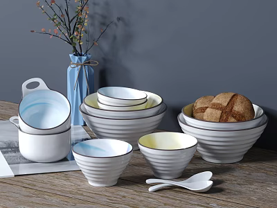 Ceramic Dinnerware Set with Striped Bowls Black Rim and Spoons for Family Dining 3d model