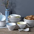 Ceramic Dinnerware Set with Striped Bowls Black Rim and Spoons for Family Dining