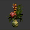 Vibrant Tropical Flower Arrangement In Colorful Glass Vase With Green Leaves And Red Blooms