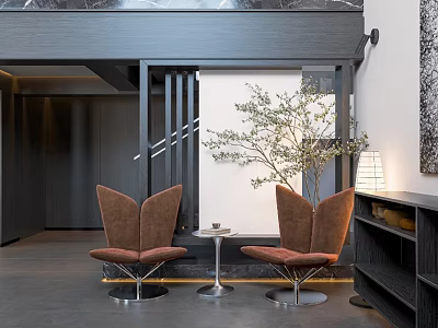 Duplex Living Room Interior Design With Brown Butterfly Chairs Small Round Table And Green Plant 3d model