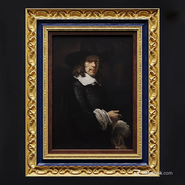 Ornate Gold Framed Classical Portrait Painting Of Man In Dark Coat With White Collar 3d model 