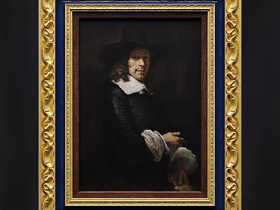 Ornate Gold Framed Classical Portrait Painting Of Man In Dark Coat With White Collar 3d model