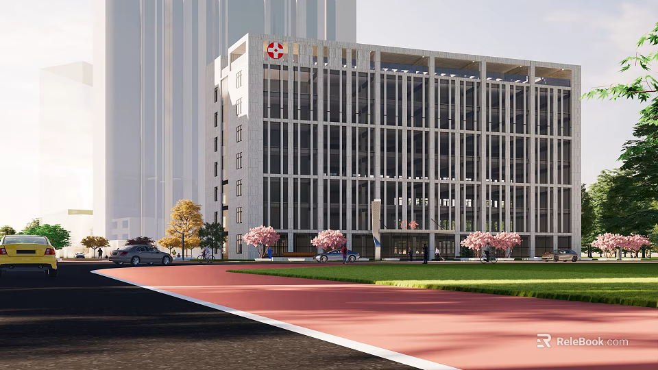 Modern Hospital Building Exterior with Red Cross Sign Surrounded by Green Trees and Road 3d model 