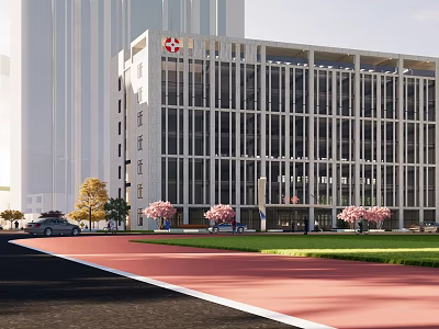 Modern Hospital Building Exterior with Red Cross Sign Surrounded by Green Trees and Road 3d model