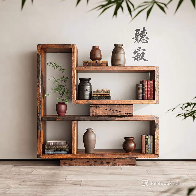 Rustic Wooden Shelf With Multi Tier Design And Decorative Vases Books 3d model 