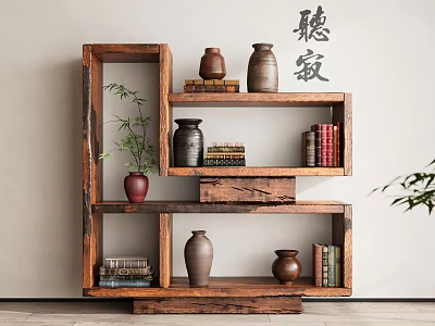 Rustic Wooden Shelf With Multi Tier Design And Decorative Vases Books 3d model