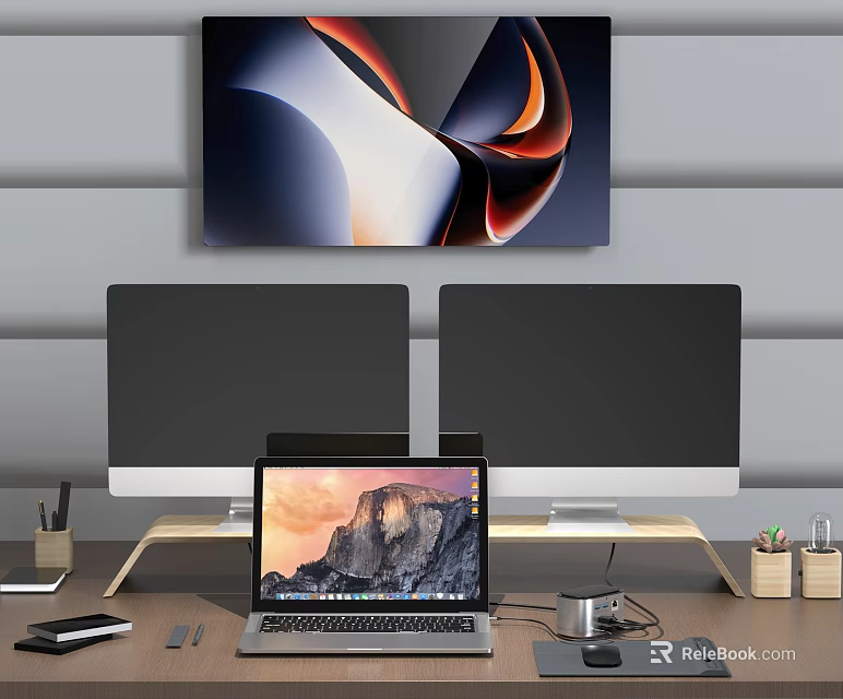 Desktop Monitors And Laptop In Modern Workspace With Office Supplies And Abstract Wall Art 3d model 