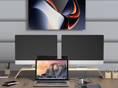 Desktop Monitors And Laptop In Modern Workspace With Office Supplies And Abstract Wall Art 3d model
