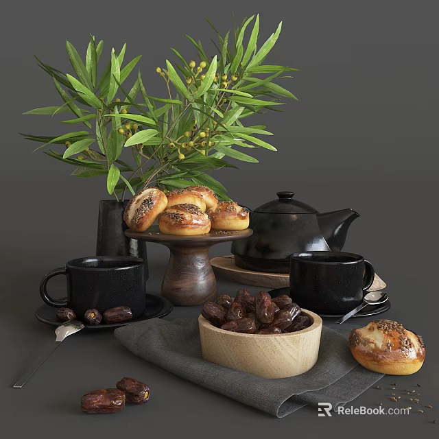 Freshly Baked Bread Rolls with Dates and Black Teapot Cups on Table with Green Leaves 3d model 