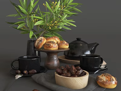 Freshly Baked Bread Rolls with Dates and Black Teapot Cups on Table with Green Leaves 3d model