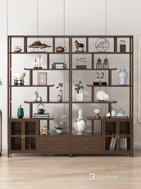 Traditional Chinese Wooden Display Shelf With Vases Teapots Sculptures And Potted Plants 3d model 