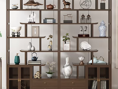 Traditional Chinese Wooden Display Shelf With Vases Teapots Sculptures And Potted Plants 3d model