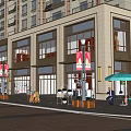 Modern Commercial Street with Glass Storefronts Green Umbrellas and Outdoor Flower Planters